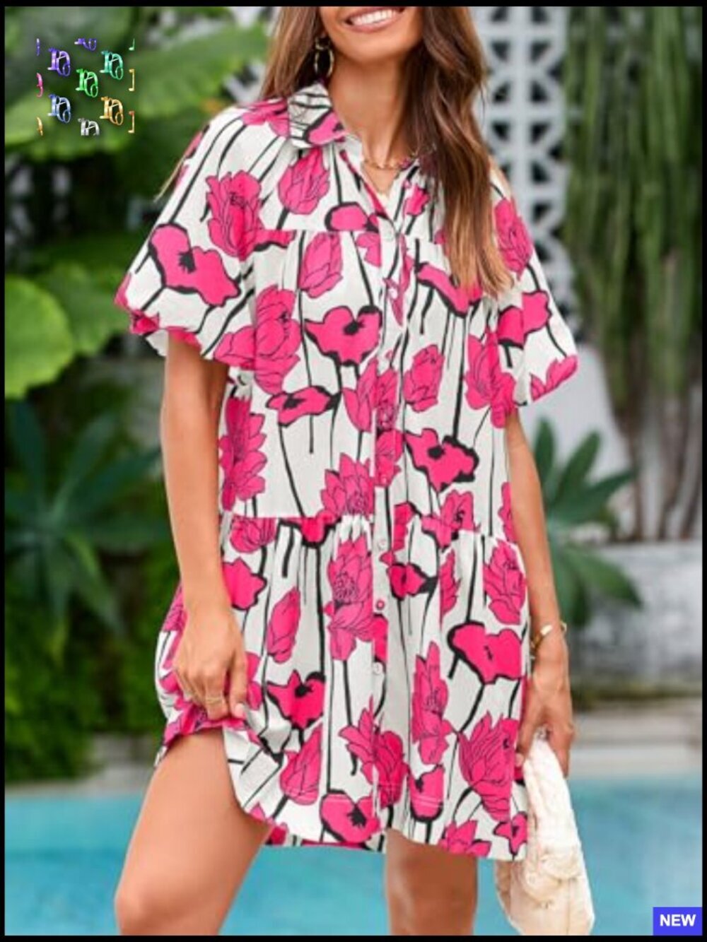 Floral Button Down Shirt Dress Puff Sleeve Casual Loose Fit Mini Summer Boho - Picture 2 of 7
